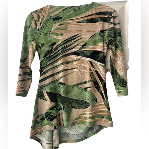 NWOT Alfani Palm Print Tie front Tunic Green/tan Size PP tropical, resort, fun - Picture 2 of 7